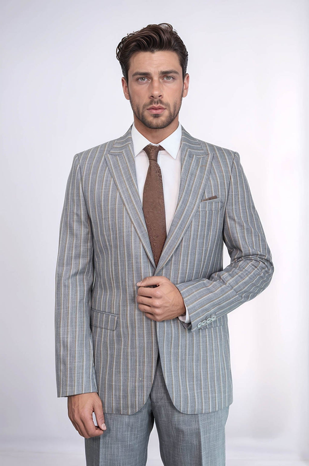 Striped Blazer Plain Pants Grey Men Suit - Wessi