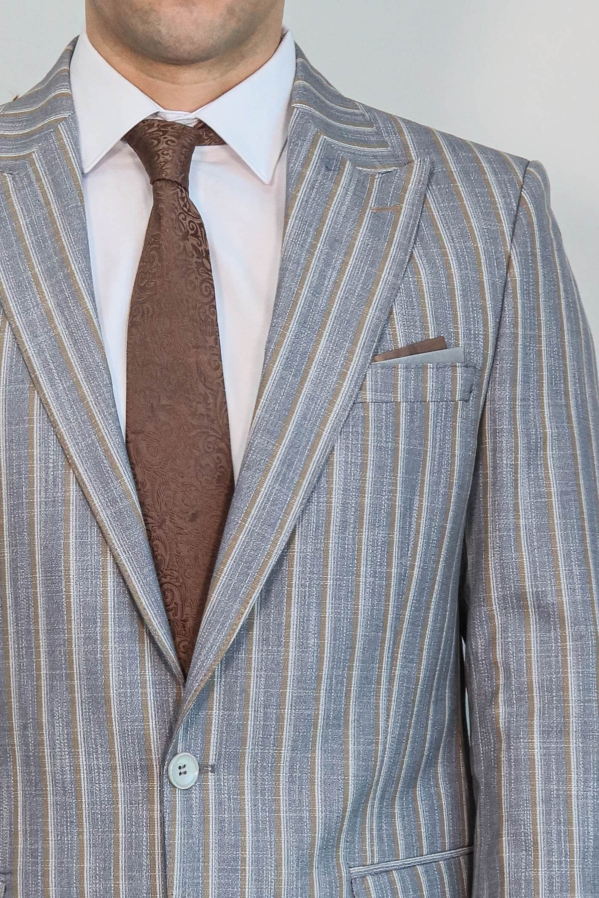 Striped Blazer Plain Pants Grey Men Suit - Wessi