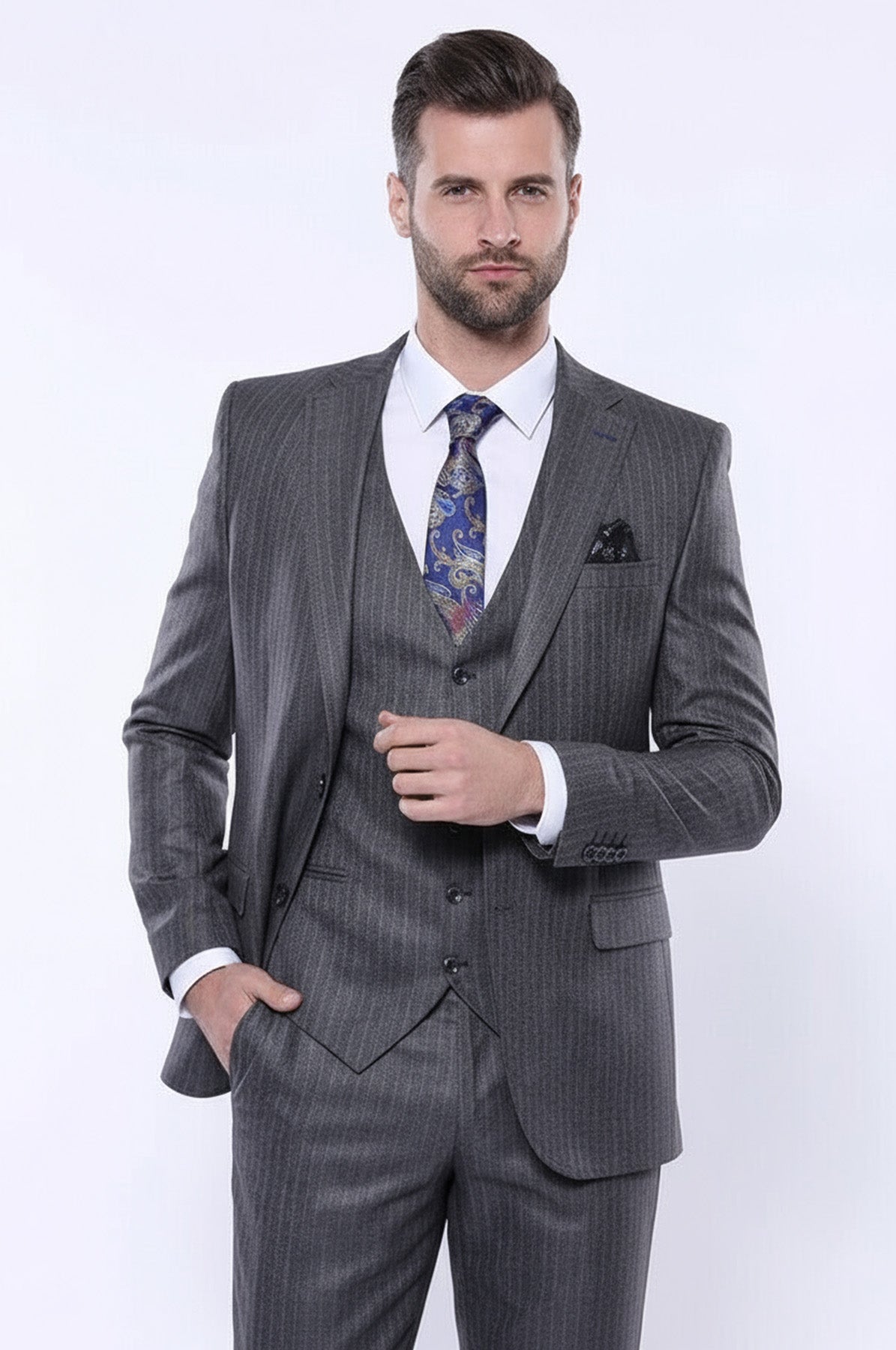 Striped Grey Vested Suit | Wessi - Wessi