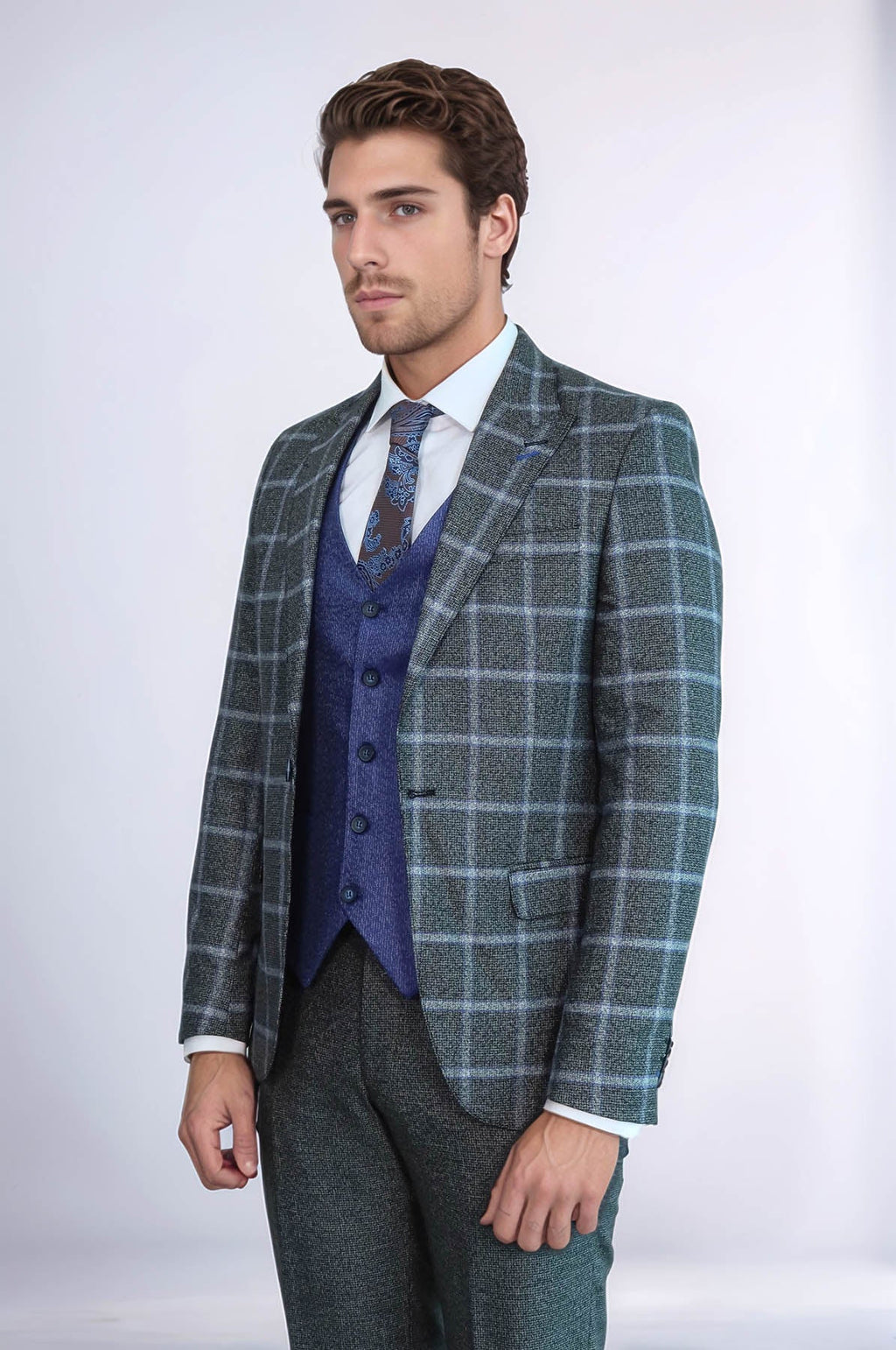 Grey Blue Checked Suit - Wessi