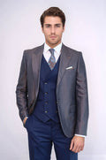 Patterned Navy Blue Brown Men Suit - Wessi