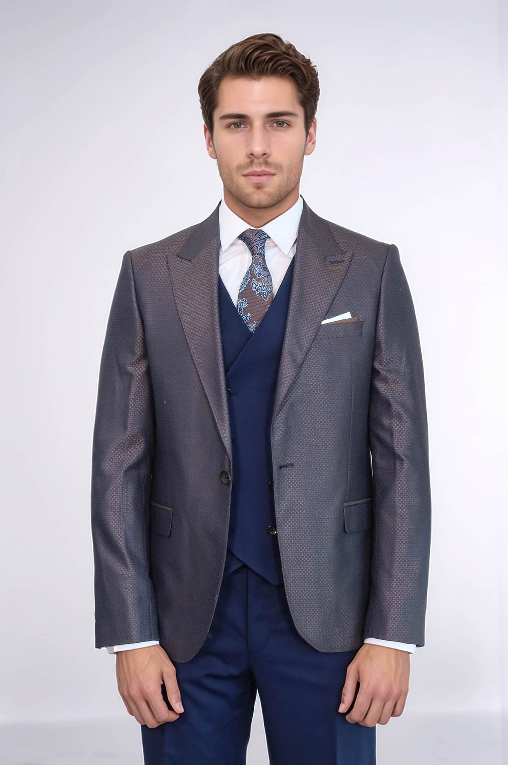 Patterned Navy Blue Brown Men Suit - Wessi