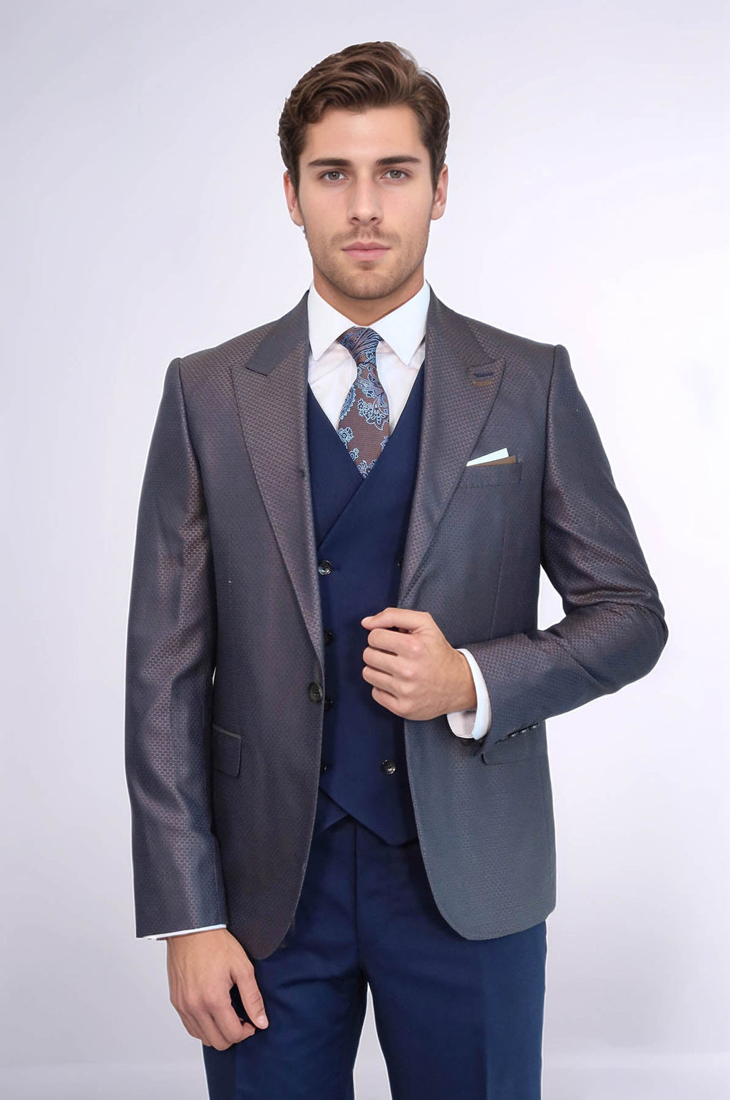 Patterned Navy Blue Brown Men Suit - Wessi