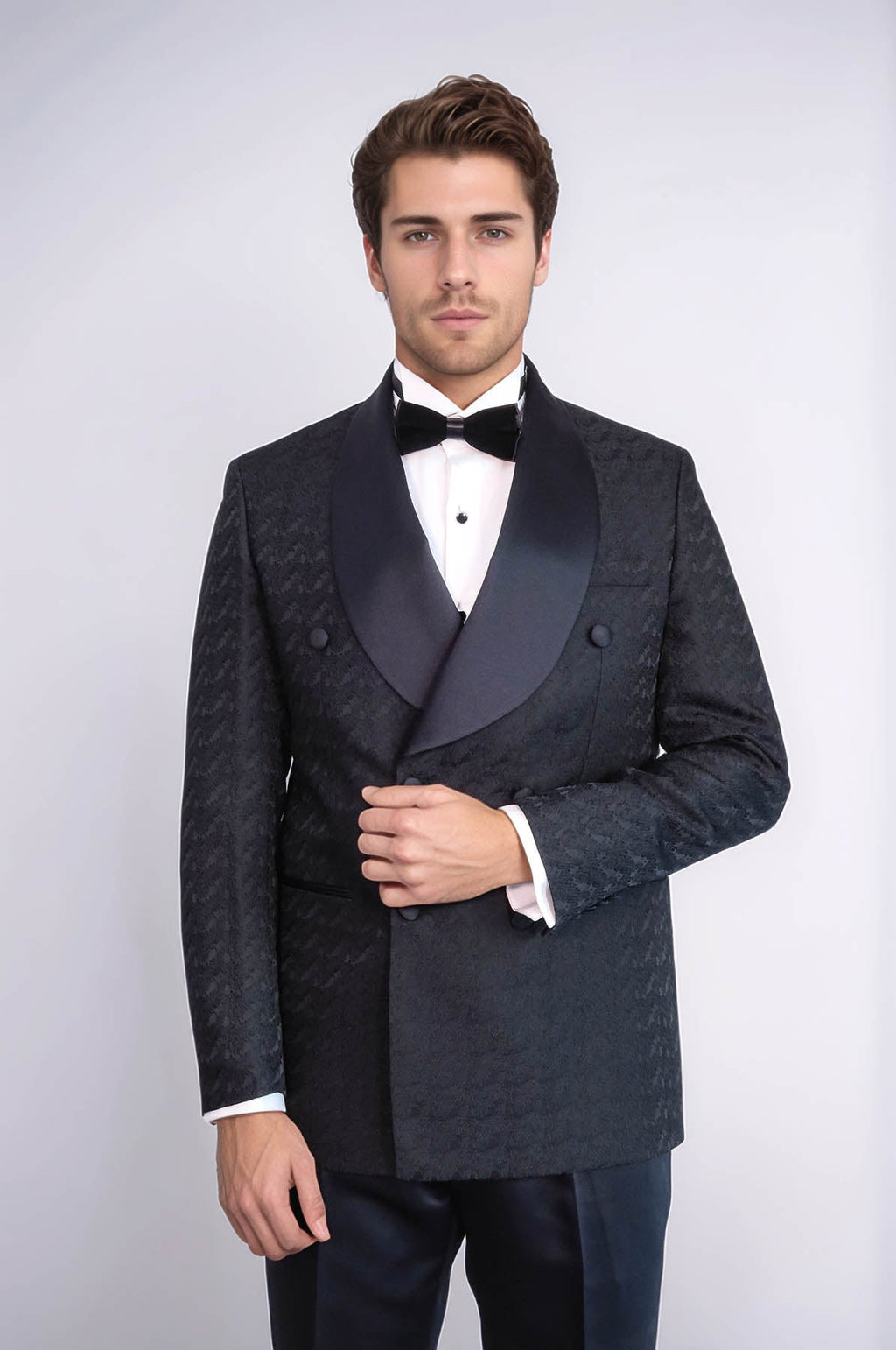 Satin Shawl Collar Patterned Double Breasted Black Men Tuxedo Suit - Wessi