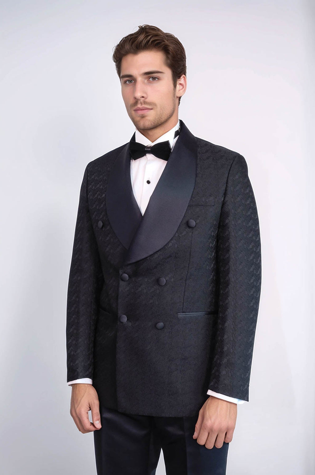 Satin Shawl Collar Patterned Double Breasted Black Men Tuxedo Suit - Wessi