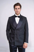 Satin Shawl Collar Patterned Double Breasted Black Men Tuxedo Suit - Wessi