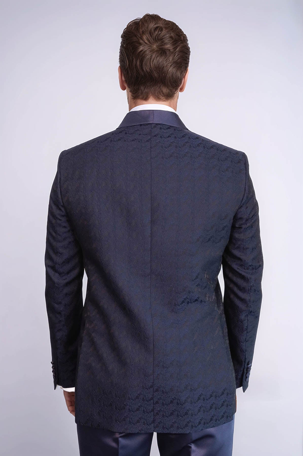 Satin Shawl Collar Patterned Double Breasted Navy Blue Men Tuxedo Suit - Wessi