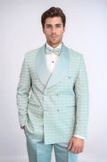 Satin Shawl Collar Patterned Double Breasted Sage Green Men Tuxedo Suit - Wessi