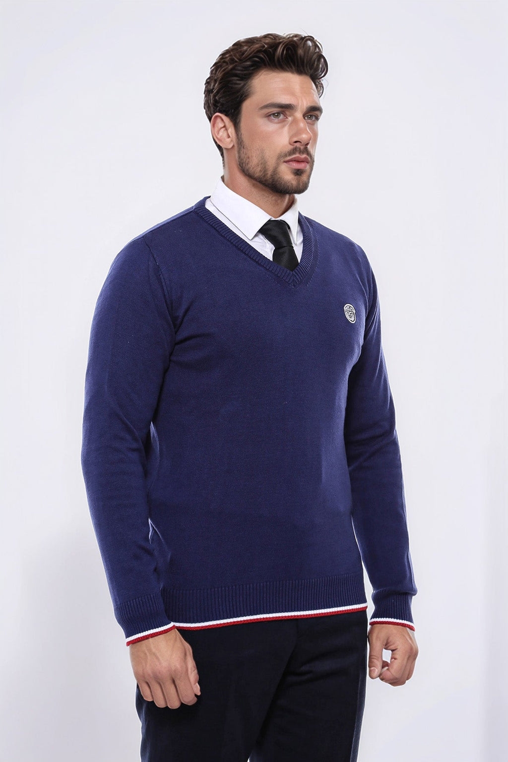 Navy Blue V Neck Slim Fit Men Sweater - Wessi