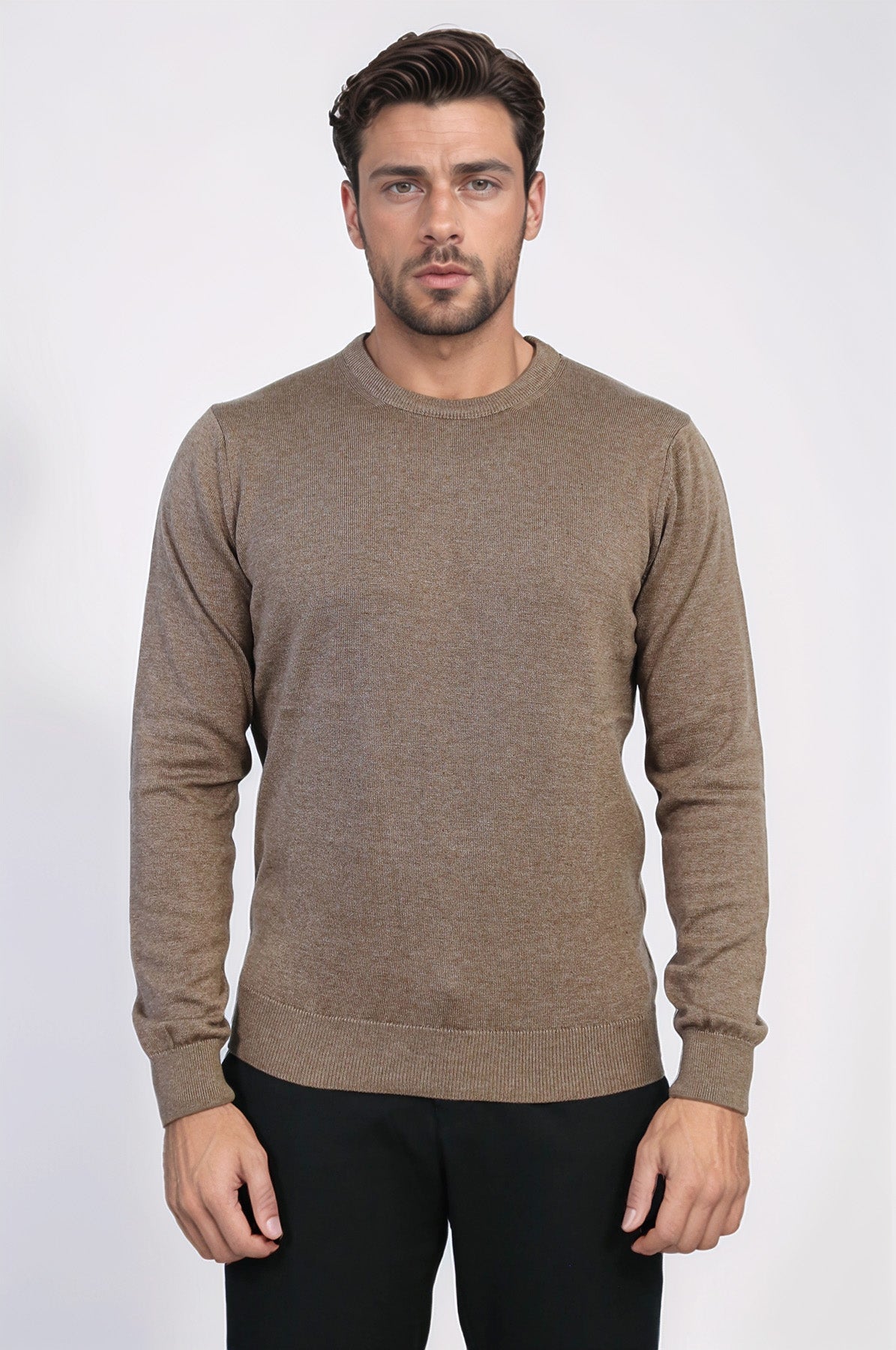 Brown Crew Neck Men Sweater - Wessi
