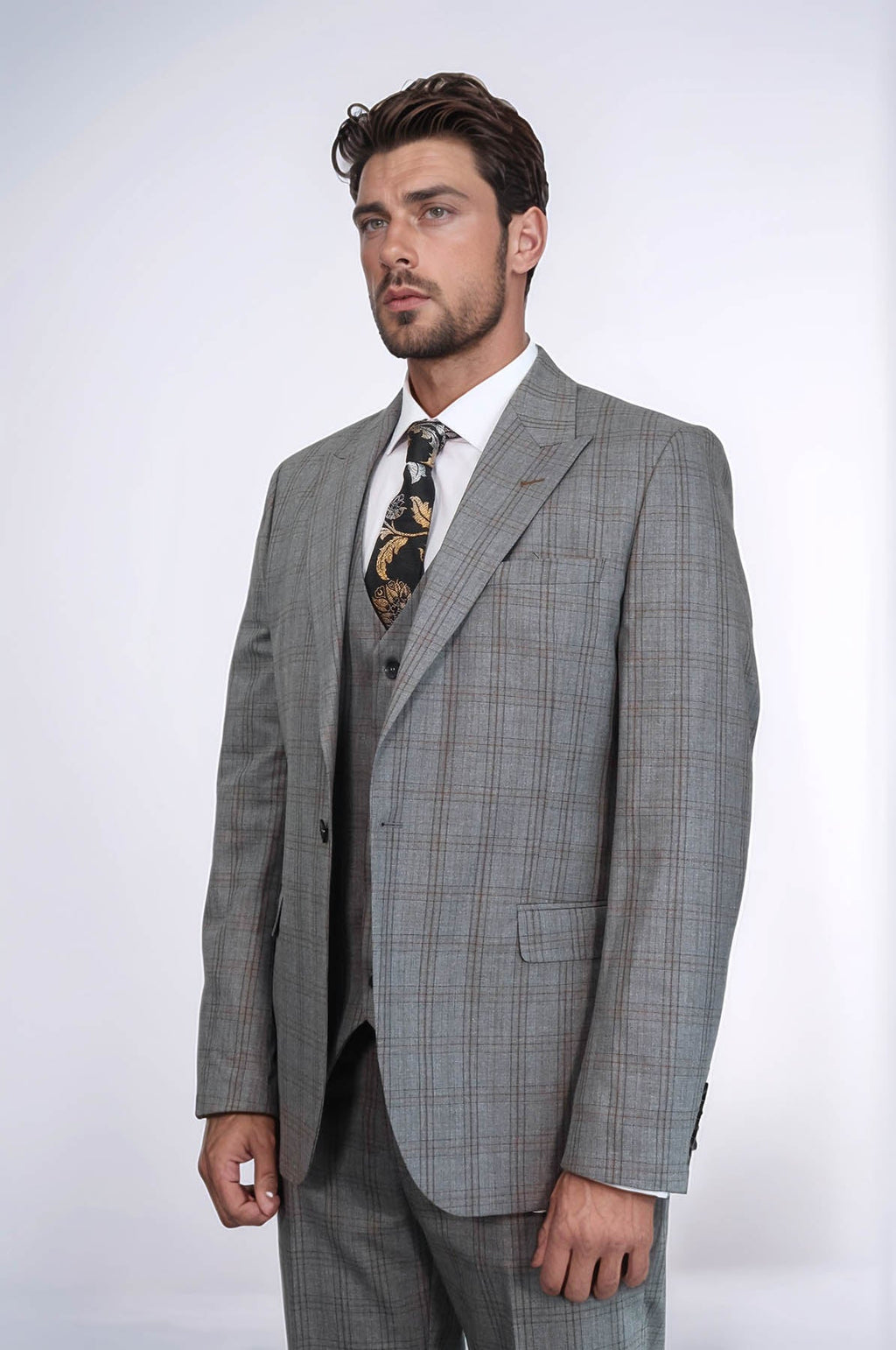 Checked Slim Fit Grey Men Suit - Wessi