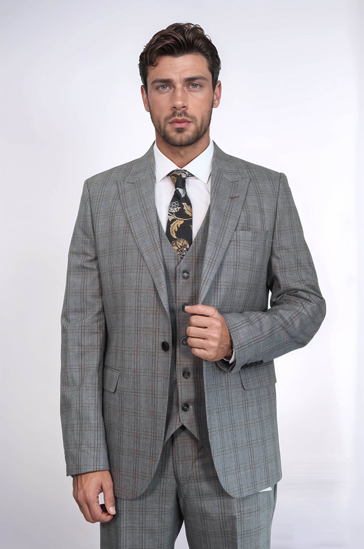 Checked Slim Fit Grey Men Suit - Wessi