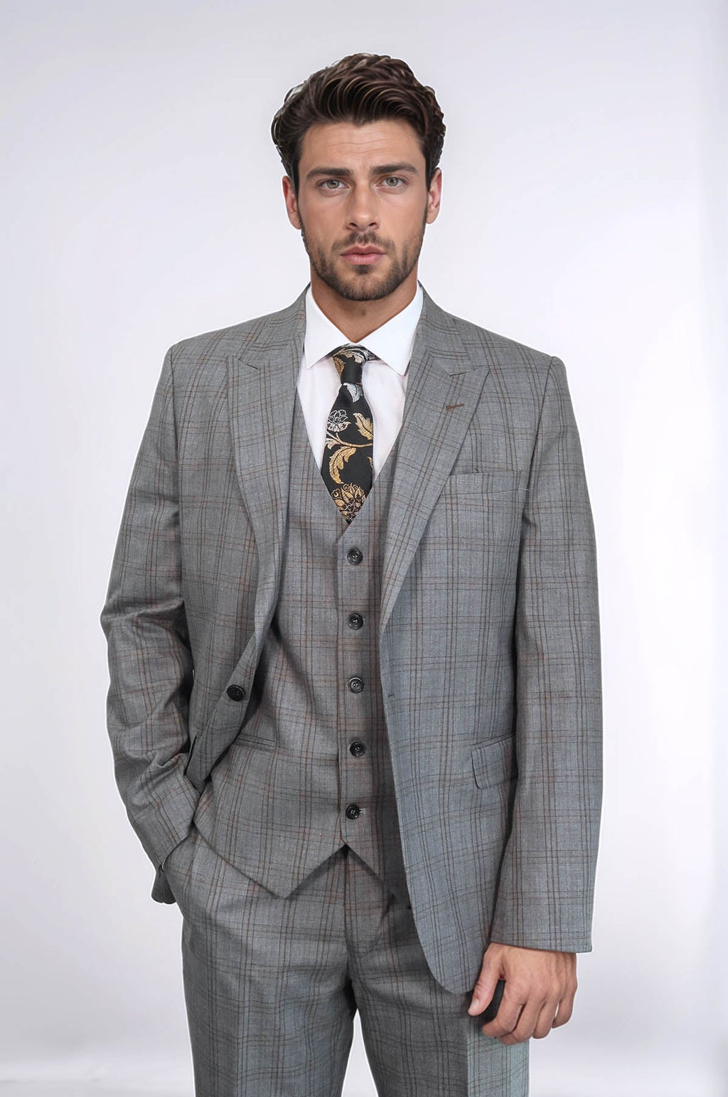 Checked Slim Fit Grey Men Suit - Wessi