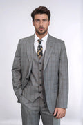 Checked Slim Fit Grey Men Suit - Wessi
