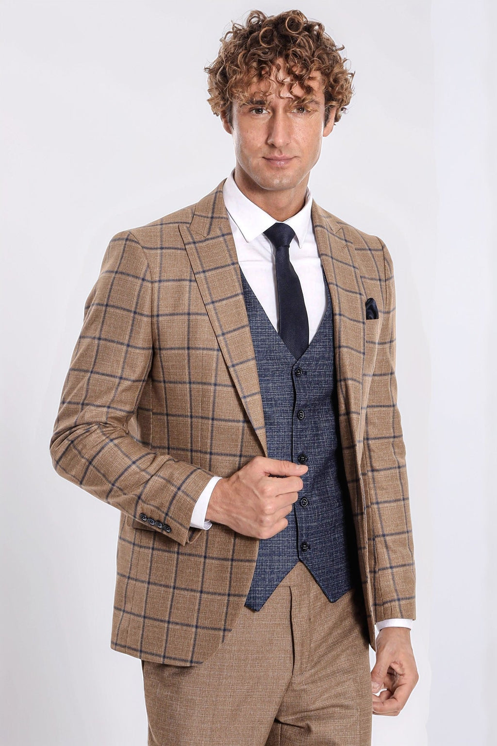 Slim Fit Checked Patterned Brown Men Suit - Wessi