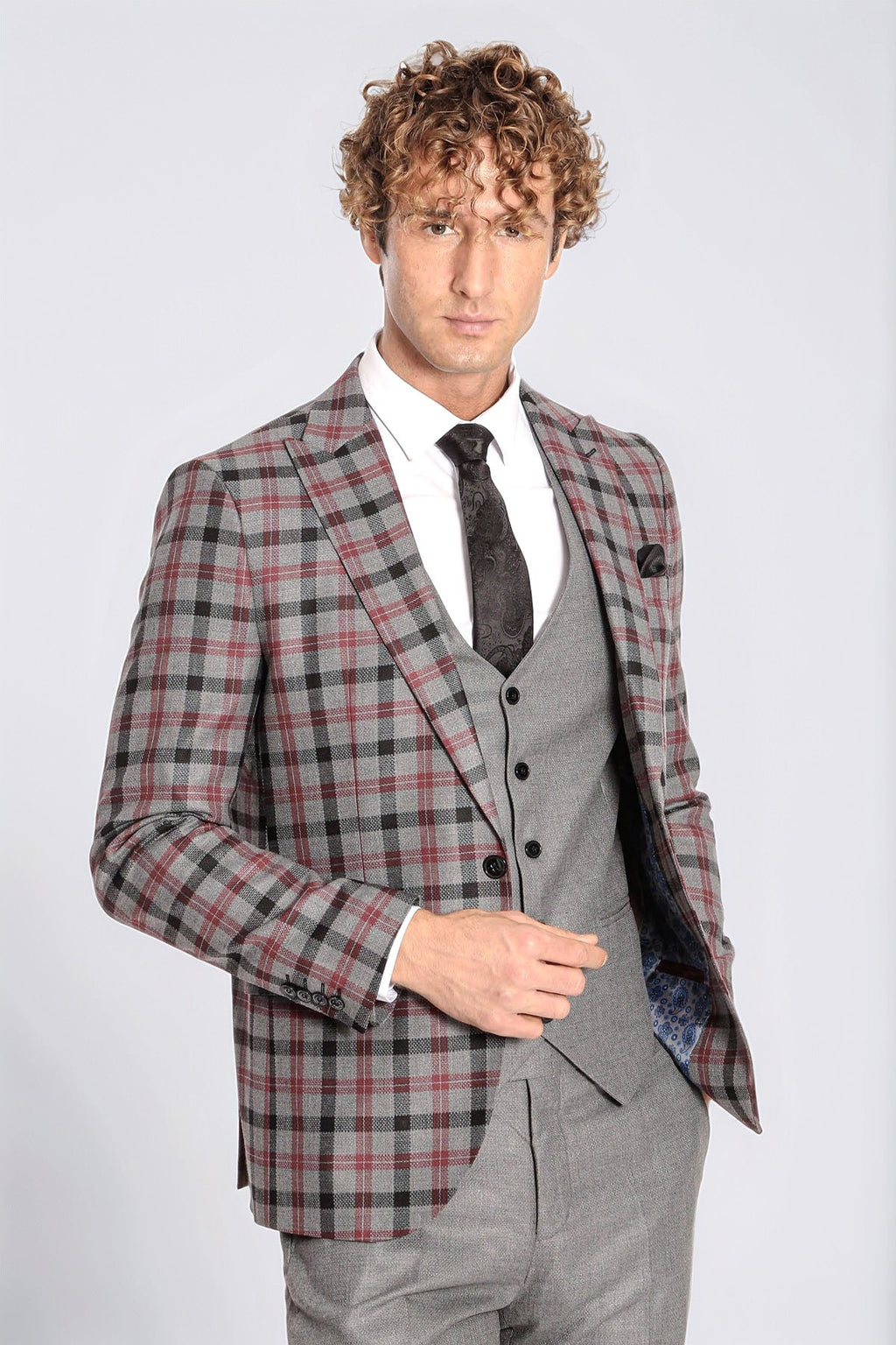 Checked Slim Fit Grey Men Suit - Wessi