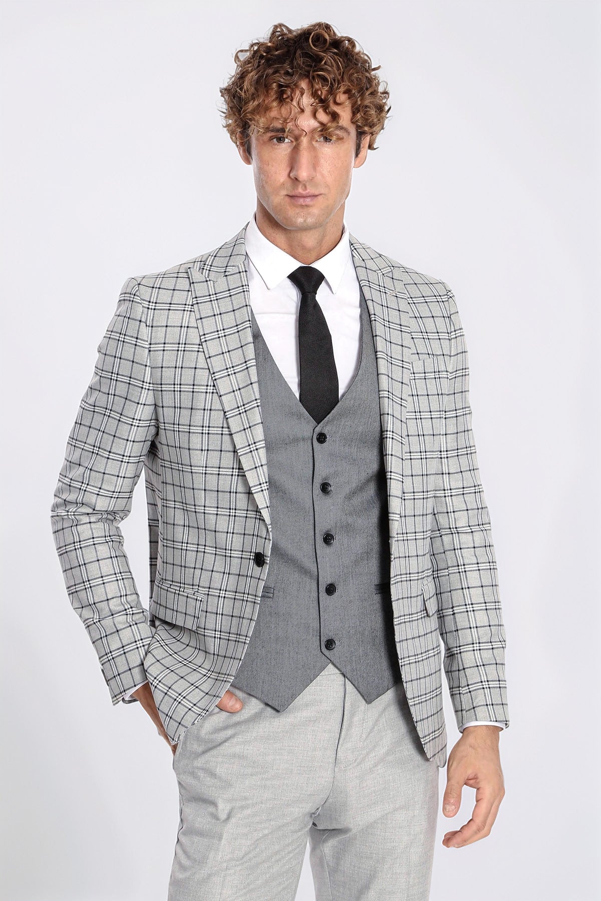 Grey Vested Slim Fit Checked Light Grey Men Suit - Wessi
