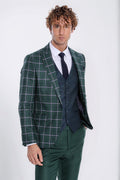 Blue Vested Slim Fit Checked Green Men Suit - Wessi