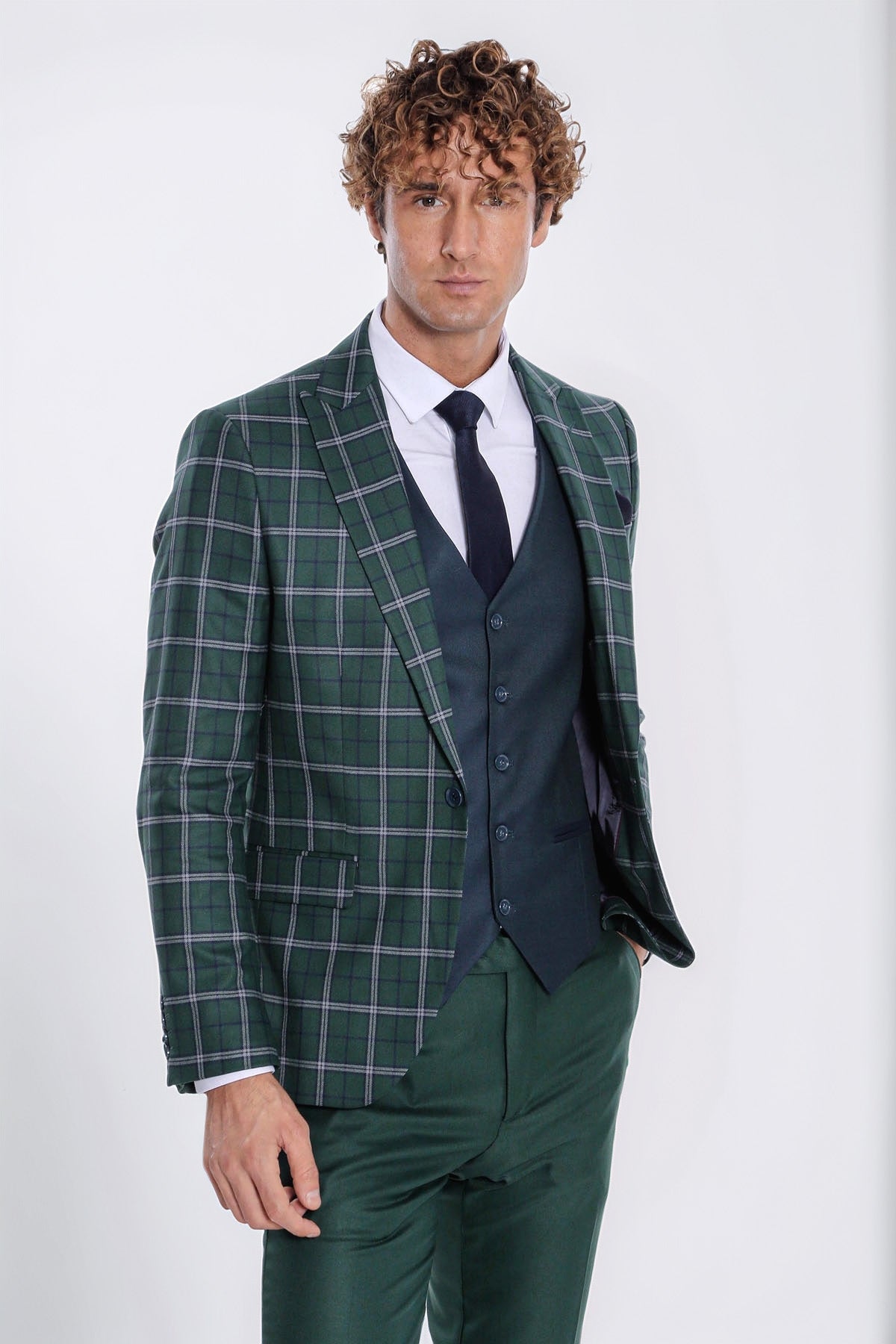 Blue Vested Slim Fit Checked Green Men Suit - Wessi