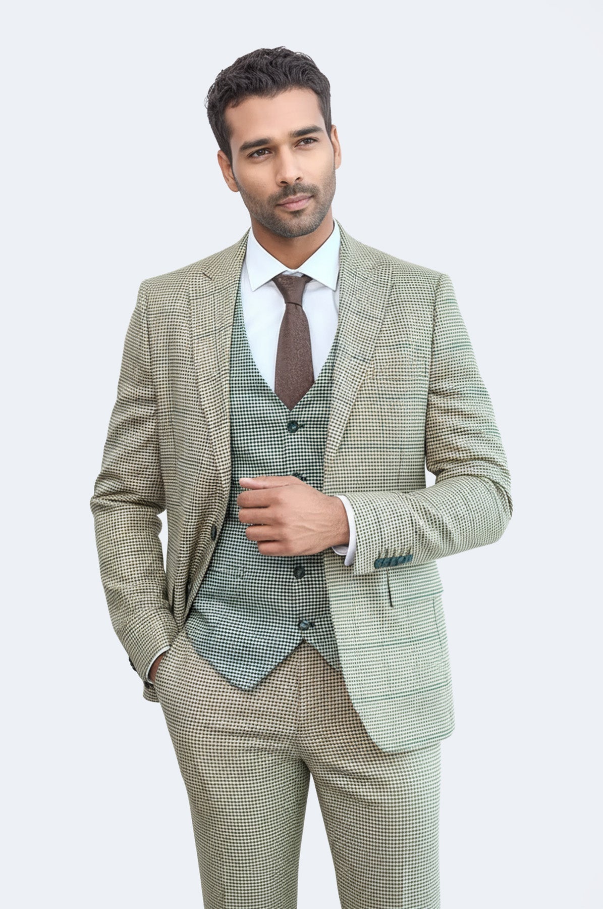 Checked Patterned Slim Fit Beige Men Suit - Wessi