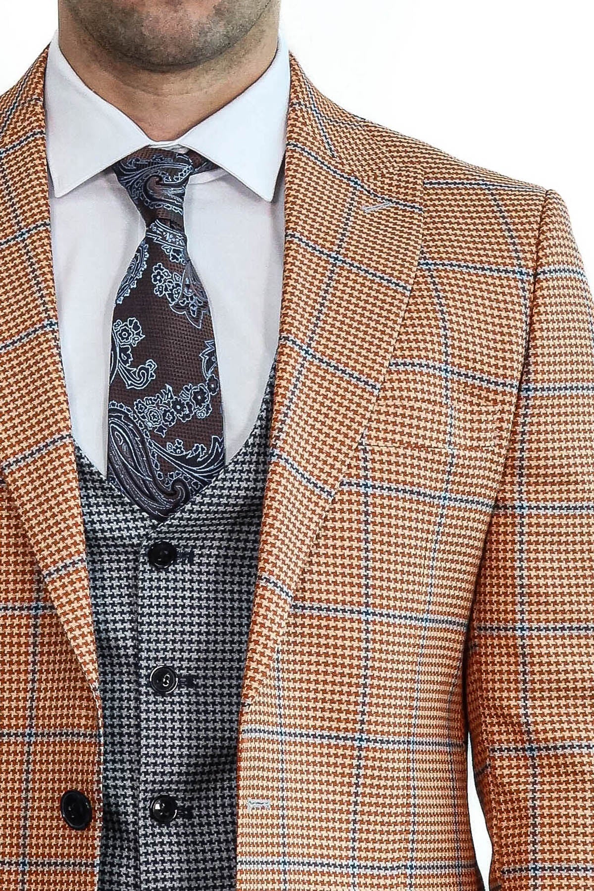 Checked Patterned Slim Fit Orange Men Suit - Wessi