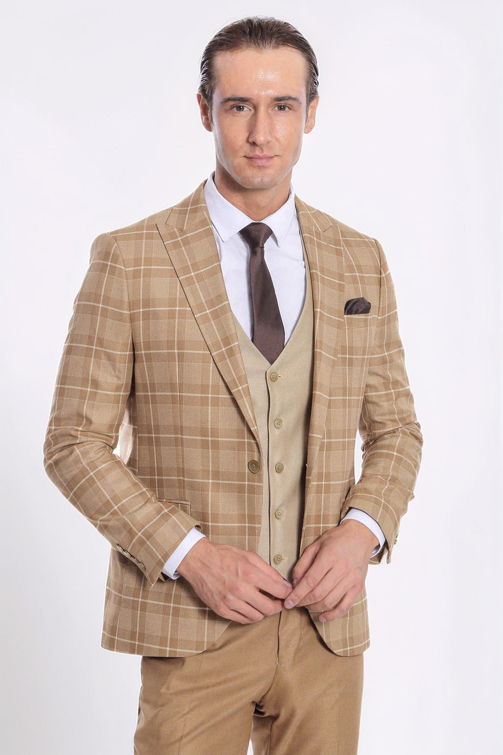 Slim Fit Checked Beige Men Suit - Wessi