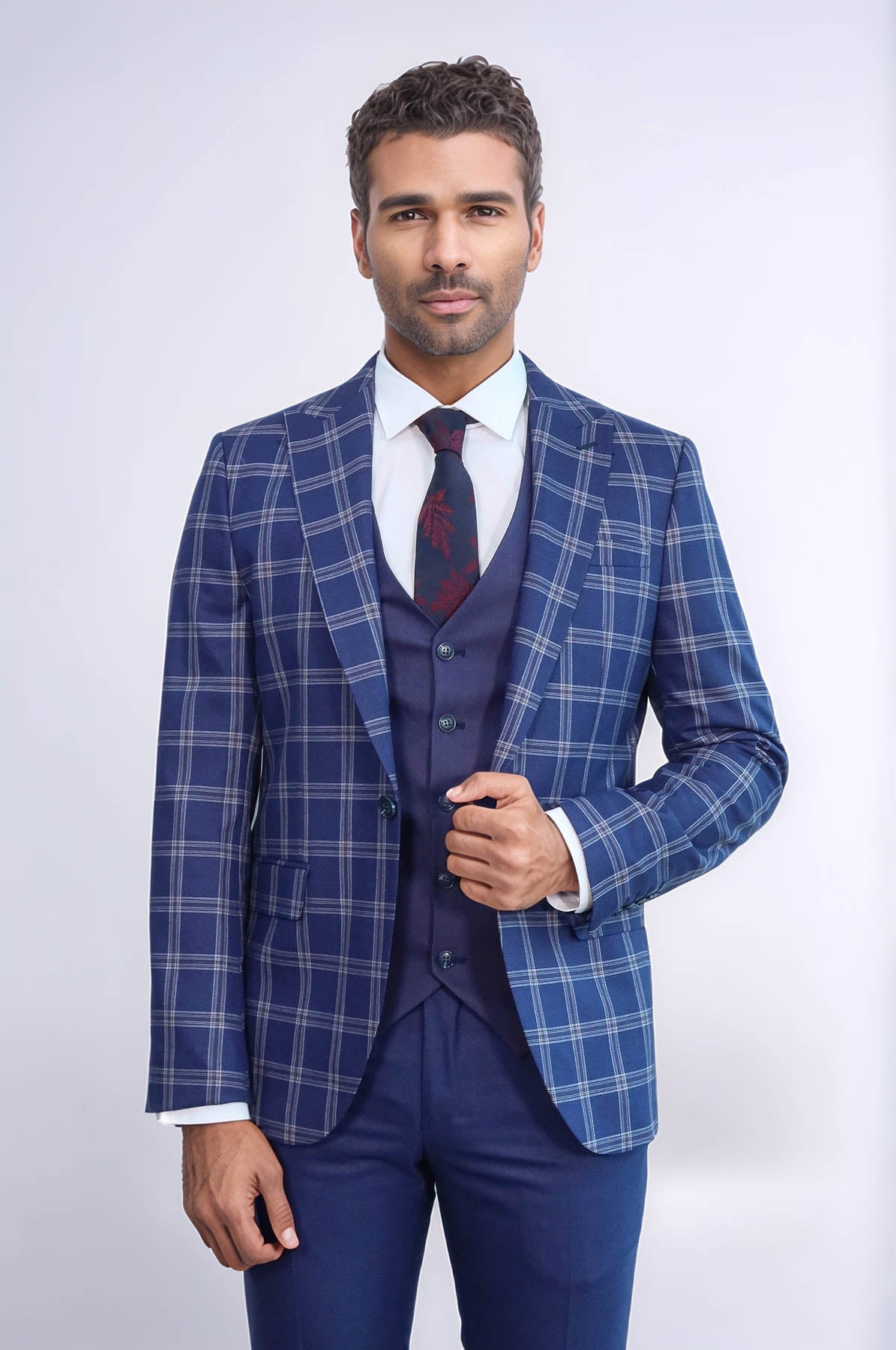 Slim Fit Vested Peak Lapel Checked Navy Blue Men Combination Suit