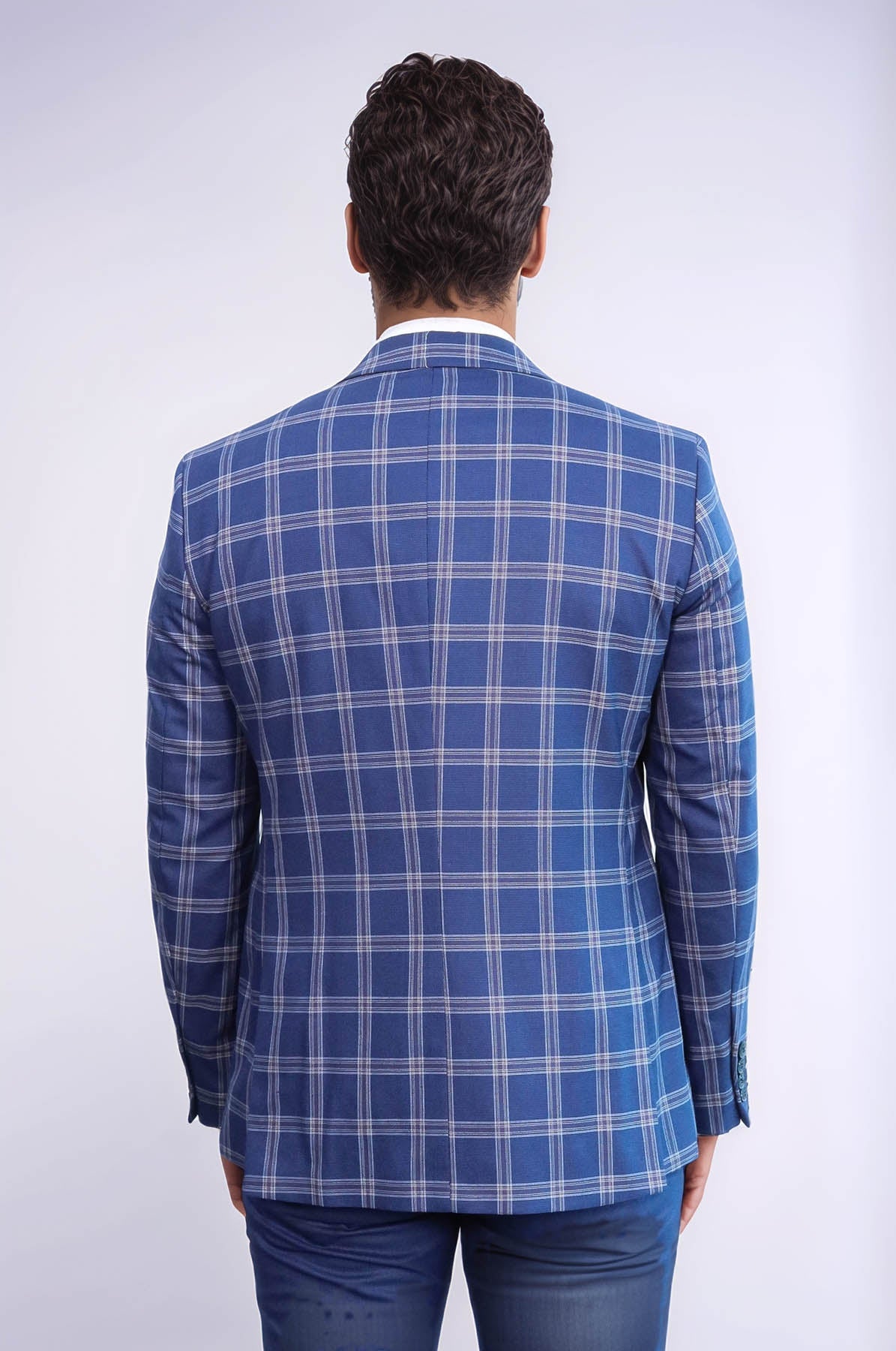 Slim Fit Vested Peak Lapel Checked Navy Blue Men Combination Suit