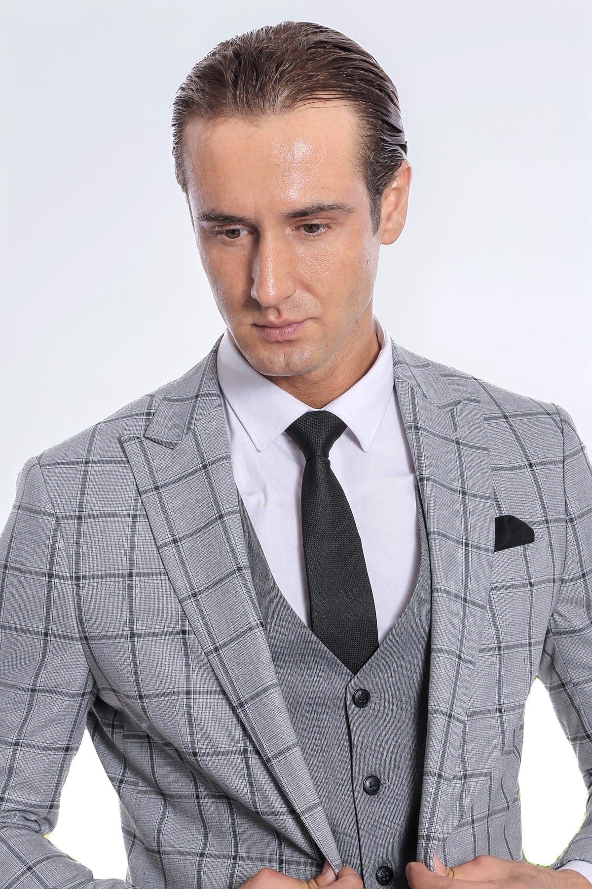 Checked Patterned Slim Fit Grey Men Suit - Wessi