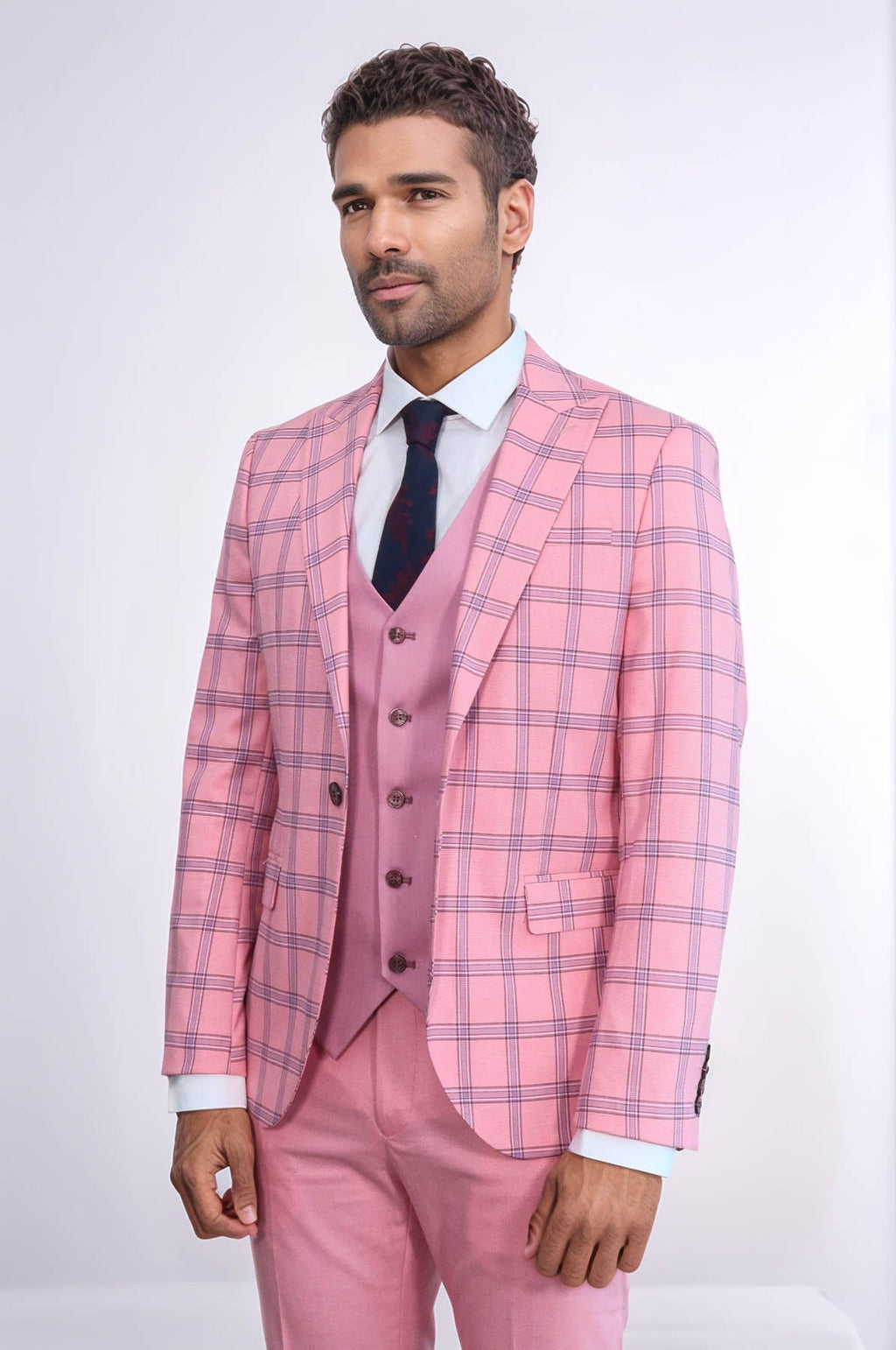Checked Patterned Slim Fit Pink Men Suit - Wessi