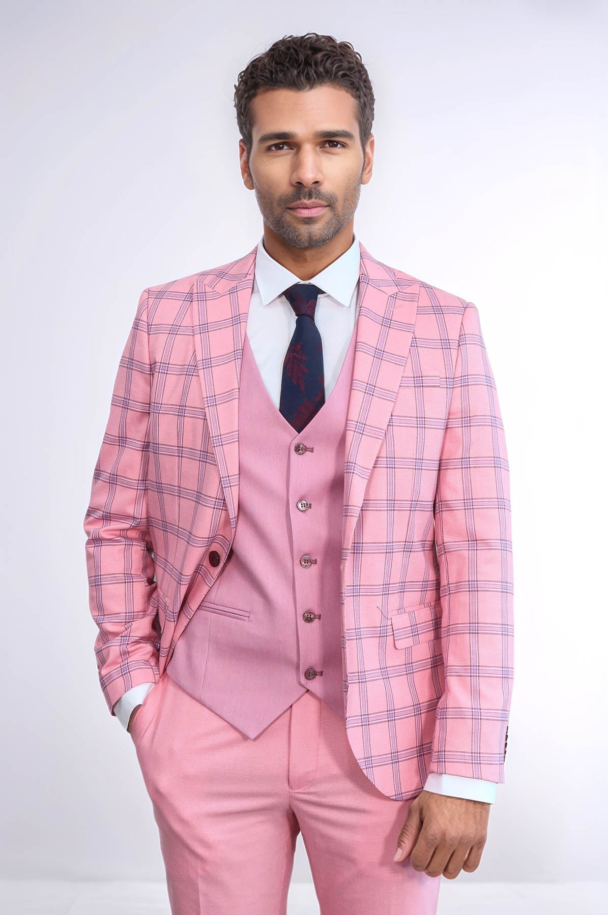 Checked Patterned Slim Fit Pink Men Suit - Wessi