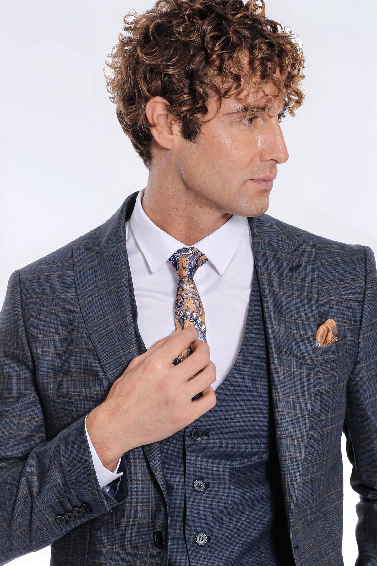 Checked Slim Fit Navy Blue Men Suit - Wessi
