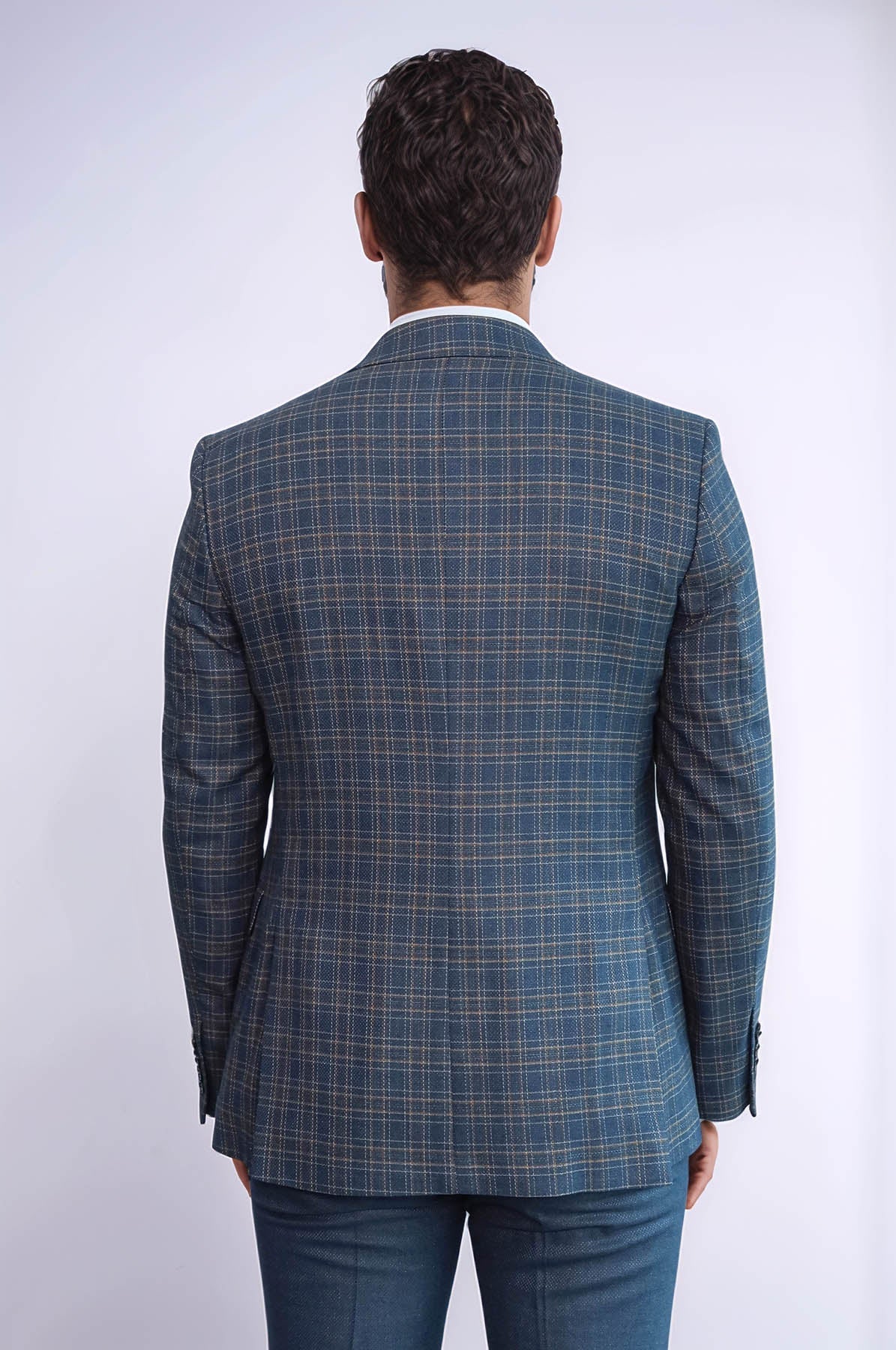 Checked Slim Fit Blue Men Suit - Wessi