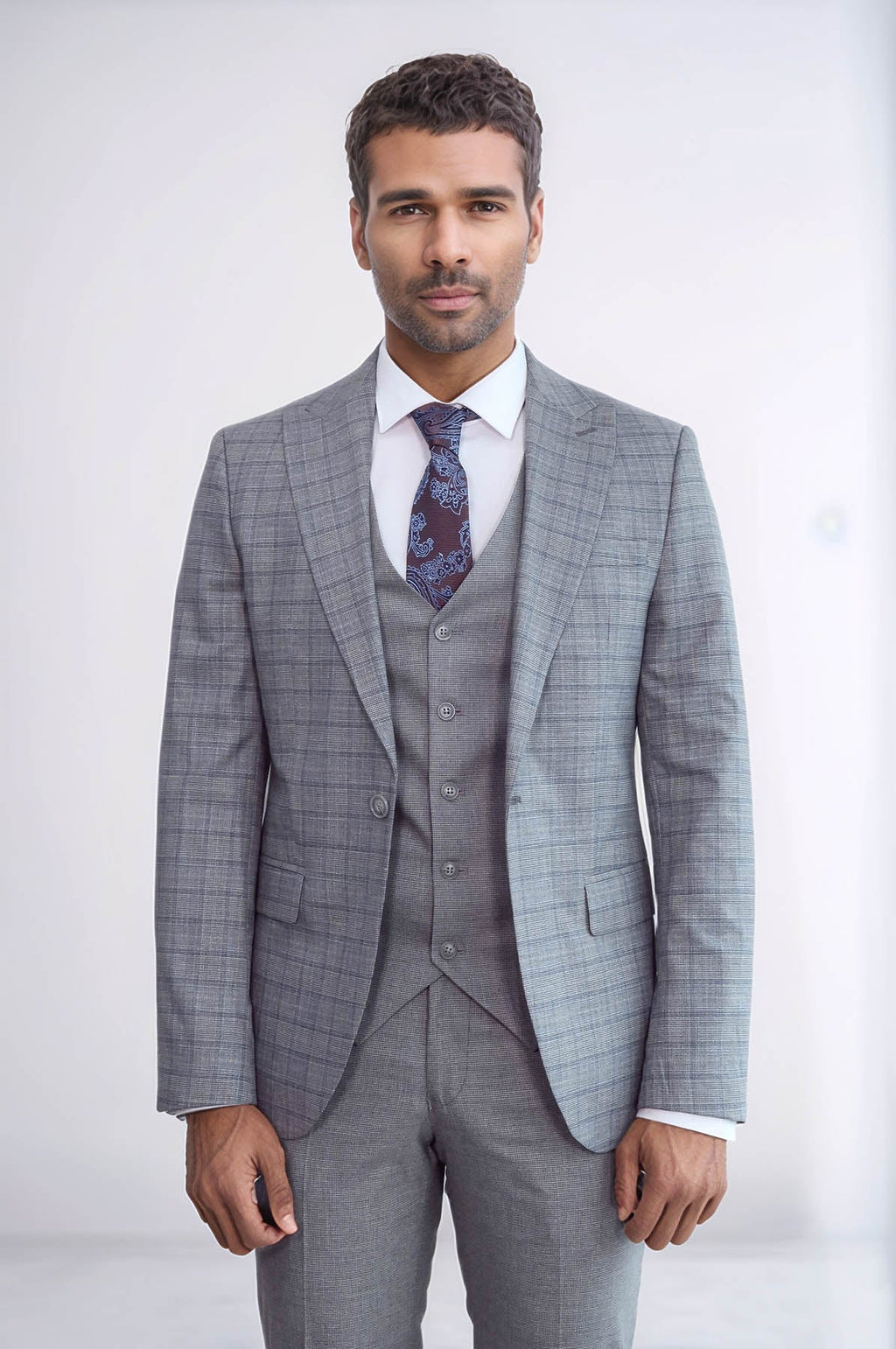 Checked Slim Fit Grey Men Suit - Wessi