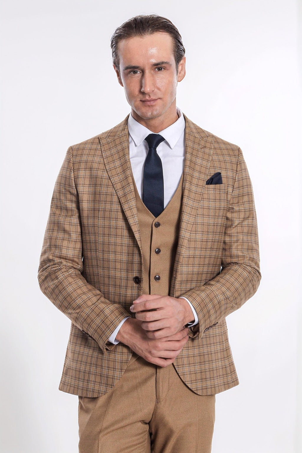 Checked Slim Fit Tan Men Suit - Wessi