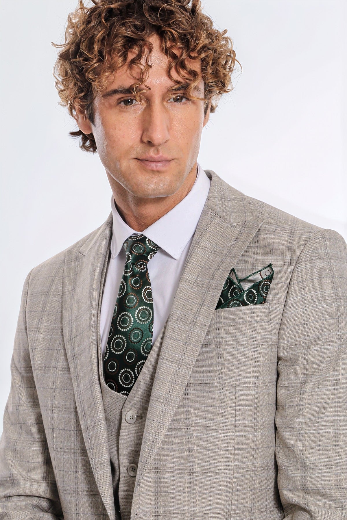 Checked Slim Fit Cream Men Suit - Wessi