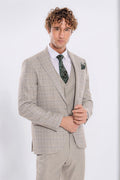 Checked Slim Fit Cream Men Suit - Wessi