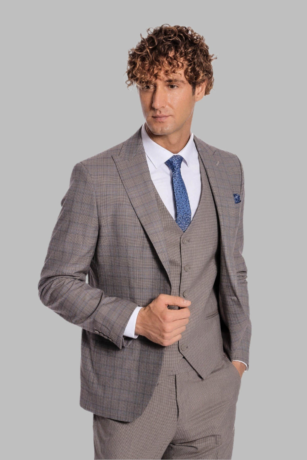 Checked Slim Fit Light Brown Men Suit - Wessi