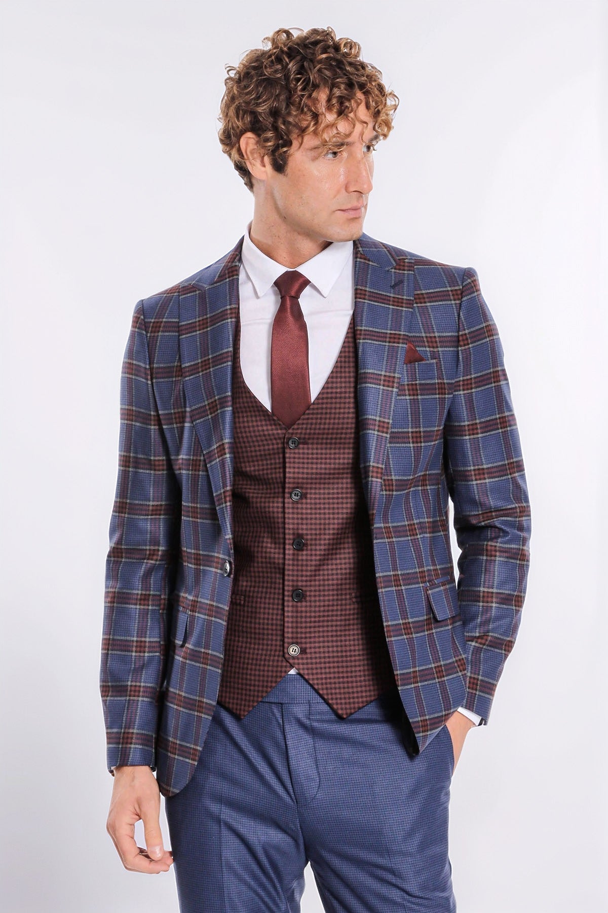 Patterned Checked Slim Fit Blue Men Suit - Wessi