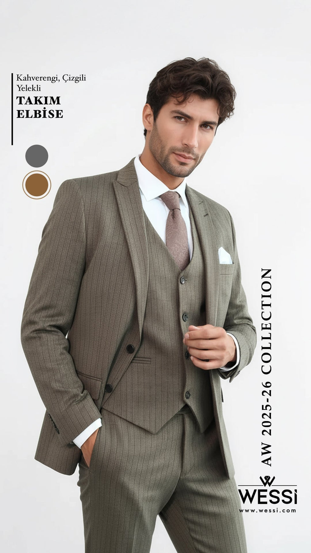 Striped Slim Fit Brown Men Suit - Wessi