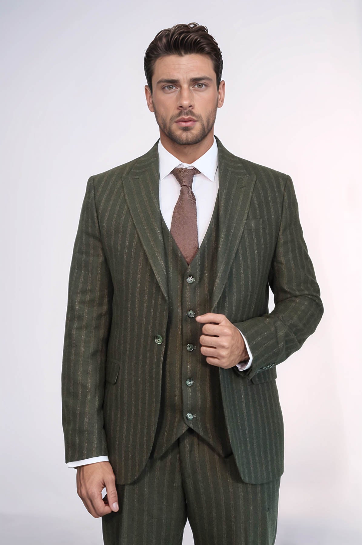 Green Striped Slim-Fit Vested Suit - Wessi