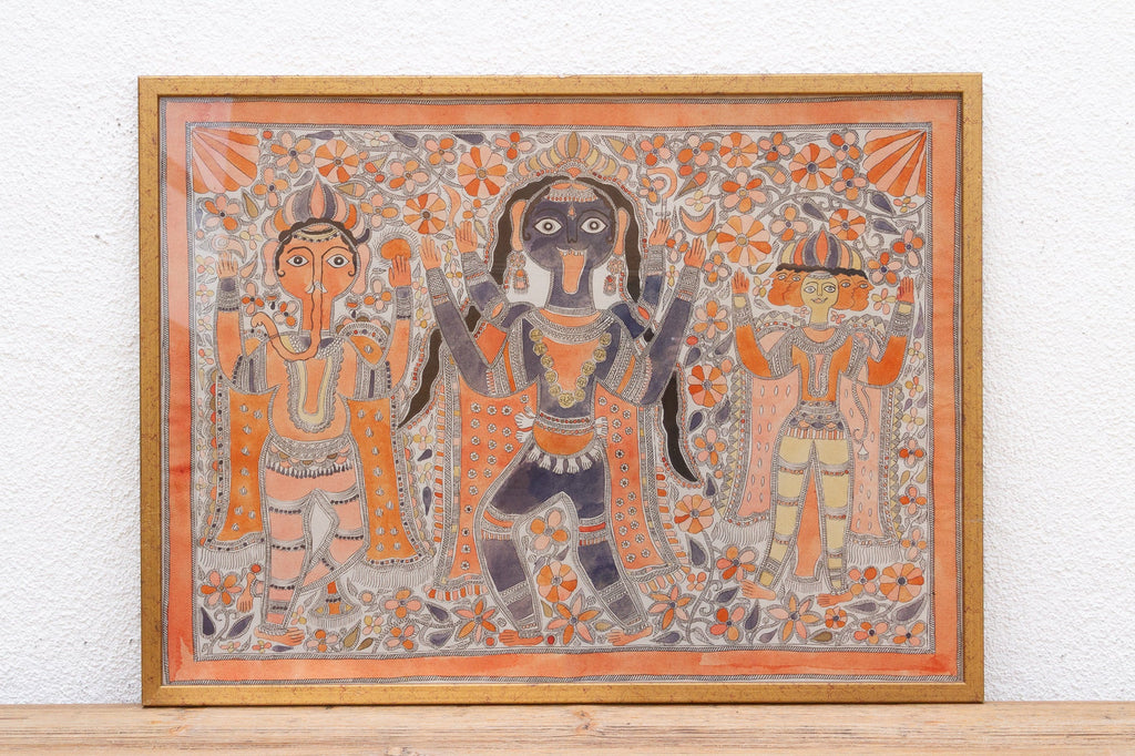 Vintage Framed Indian Madhuban Folk Art
