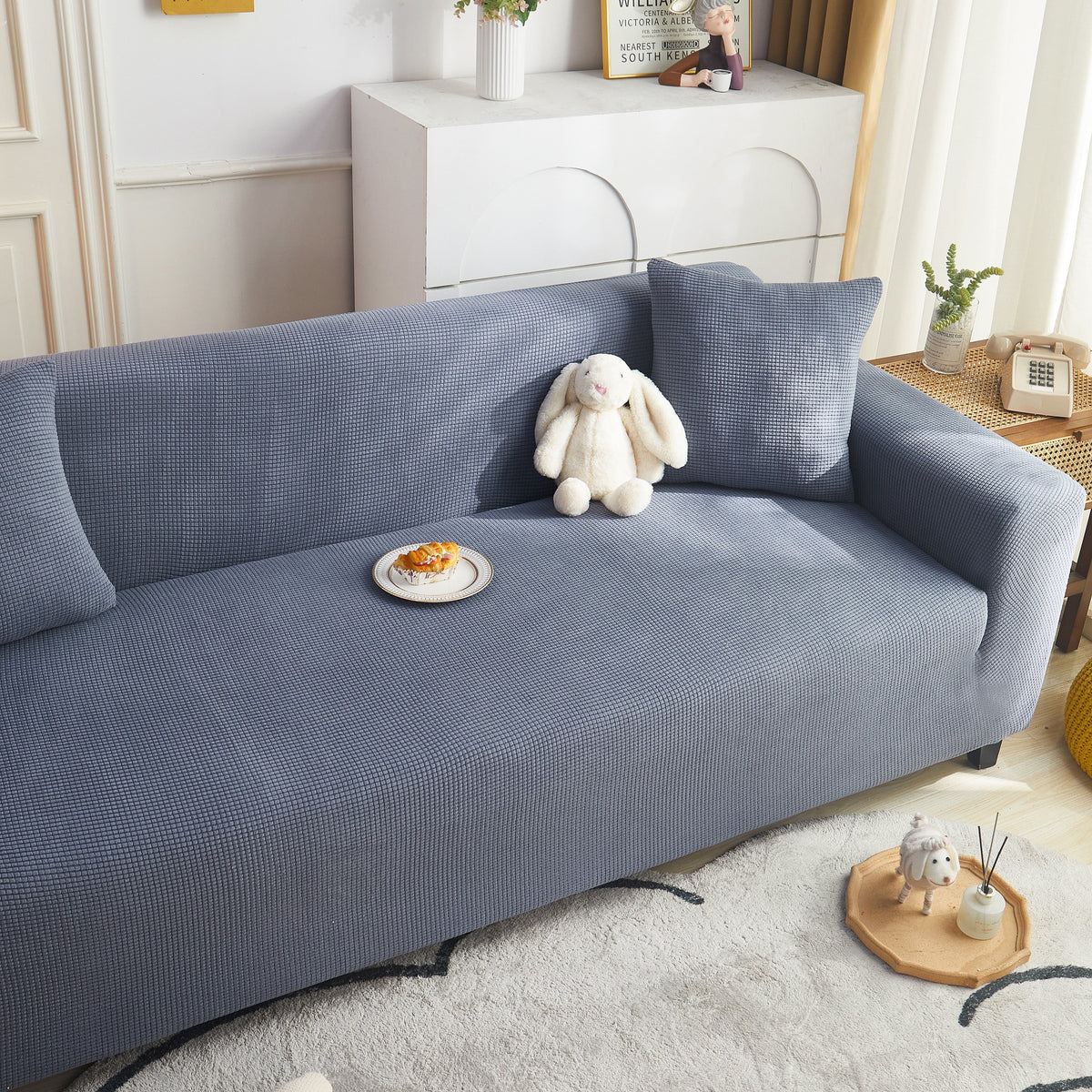 Grid Textured Stretch Sofa Cover, Soft Elastic Slipcover for Couch Protection