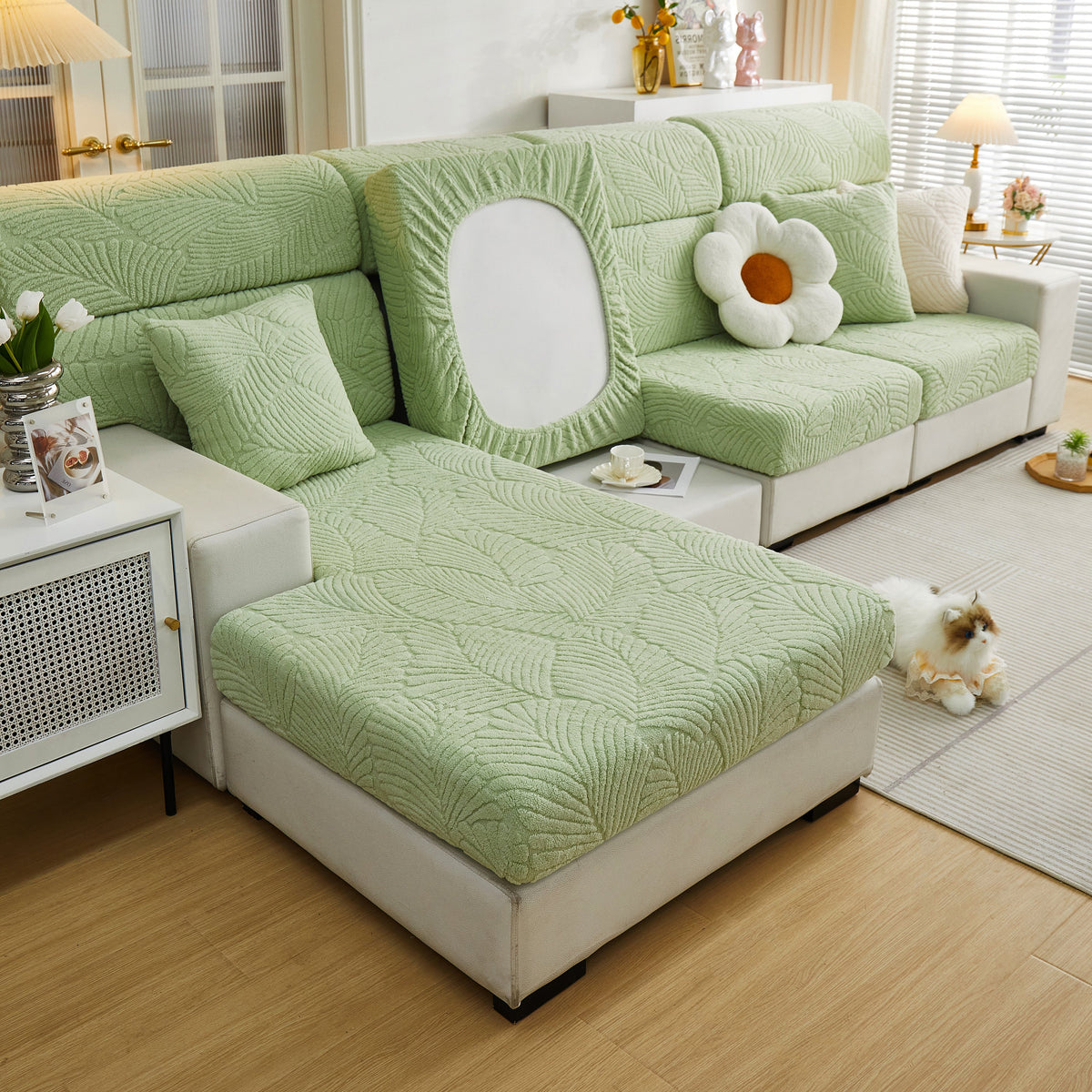 Cozy Plush Coral Fleece Sofa Cushion Slipcovers, Stretch Leaves Cushion Covers, Furniture Slipcovers