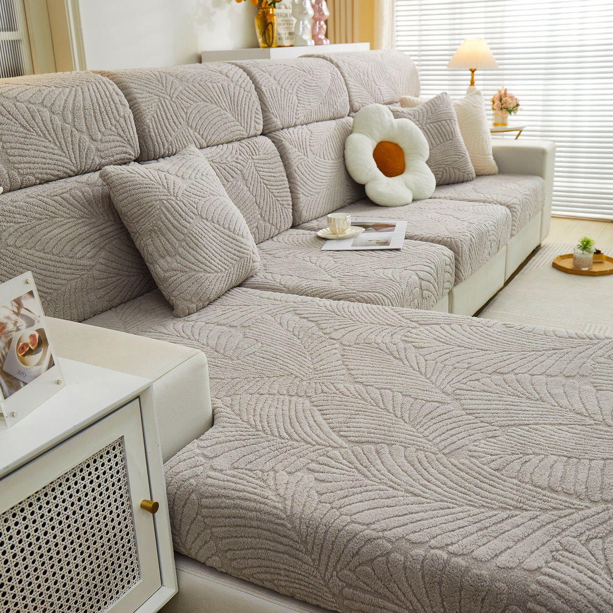 Cozy Plush Coral Fleece Sofa Cushion Slipcovers, Stretch Leaves Cushion Covers, Furniture Slipcovers