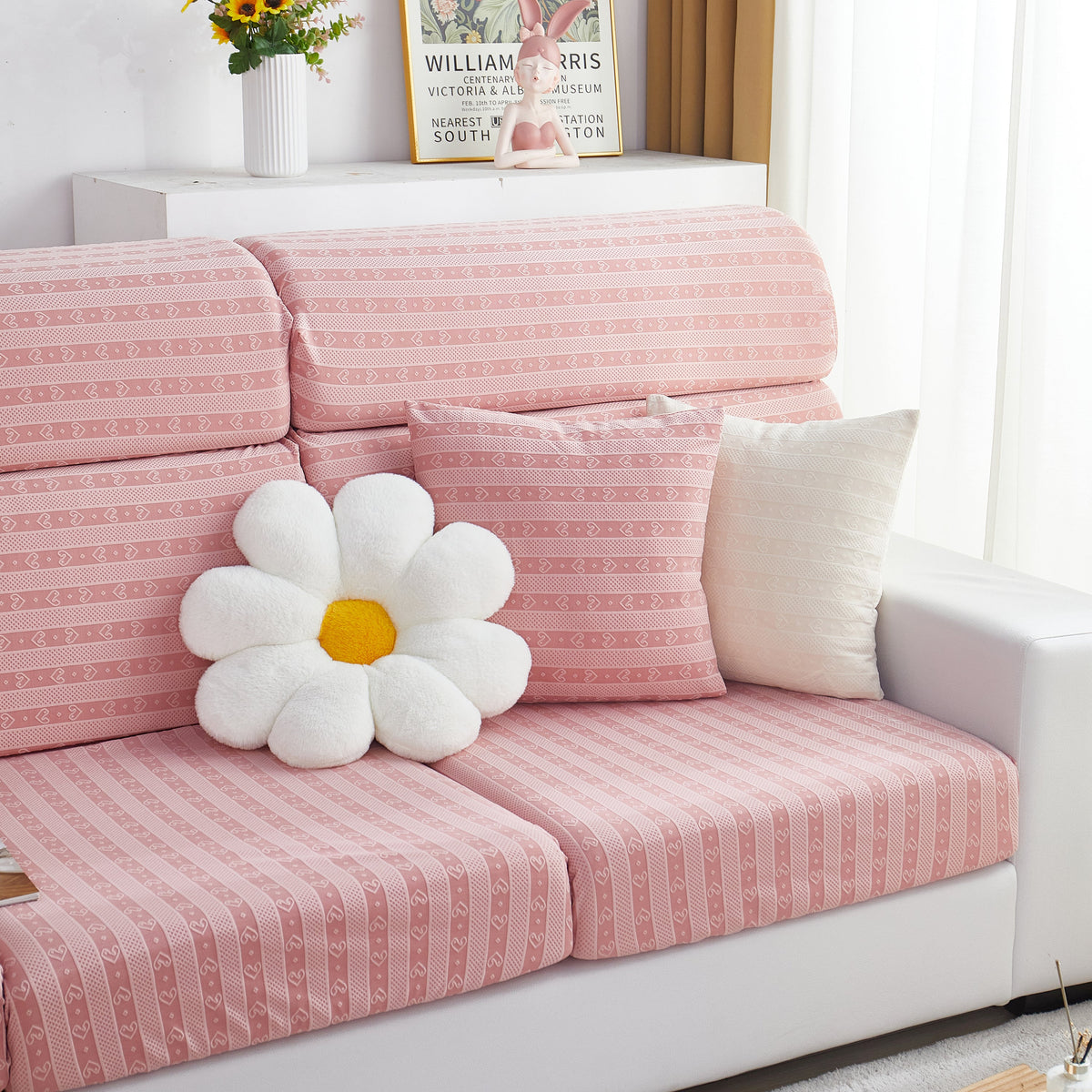 Love Stripe Jacquard Fleece Fabric Stretch Cushion Cover, Non-Slip Furniture Protector for Kids, Couch Cushion Covers