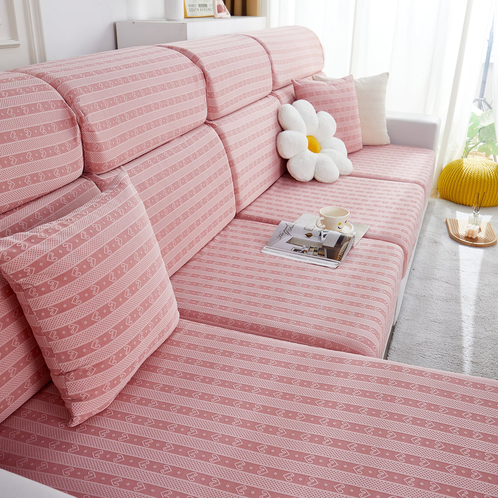 Love Stripe Jacquard Fleece Fabric Stretch Cushion Cover, Non-Slip Furniture Protector for Kids, Couch Cushion Covers