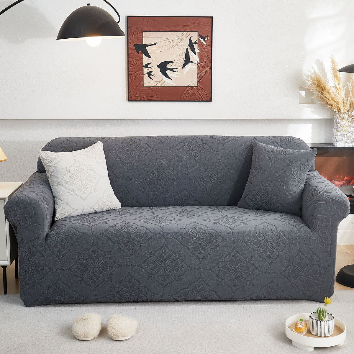 3D Damask Jacquard Stretch Sofa Cover Thick Polar Fleece Couch Slipcover with Straps
