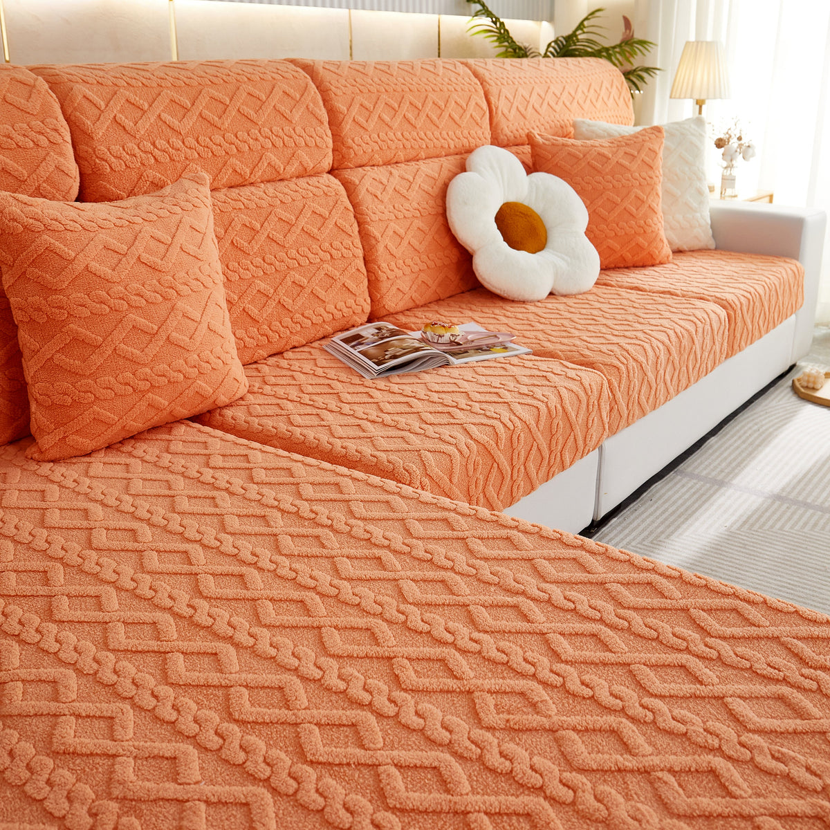 Stretchable Cotton Velvet Non-Slip Furniture Covers Couch Cushion Covers for L-Shaped Sofa, Pets