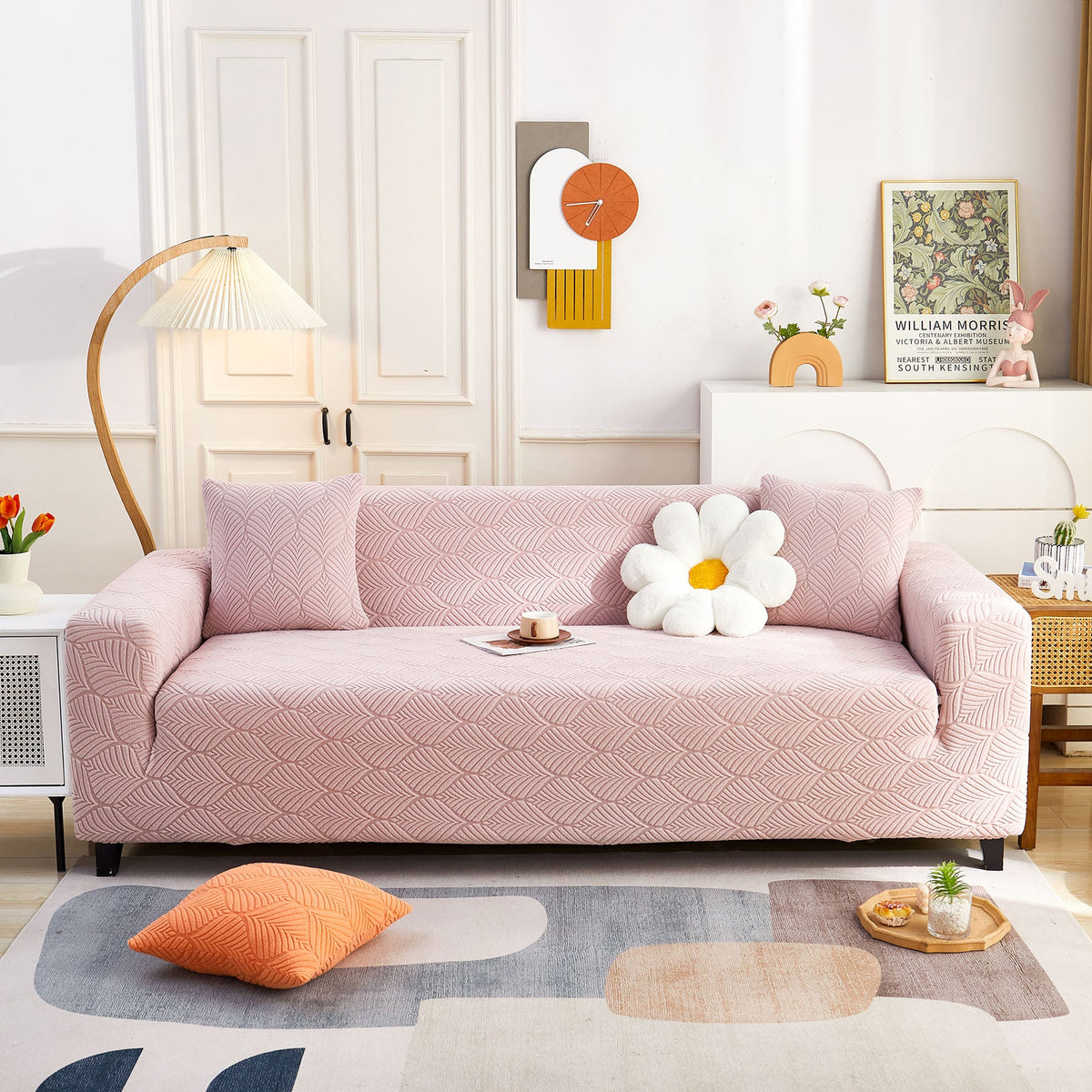 3D Leaves Jacquard Couch Slipcovers Non-Slip Cozy Stretchy Couch Covers for Sectional